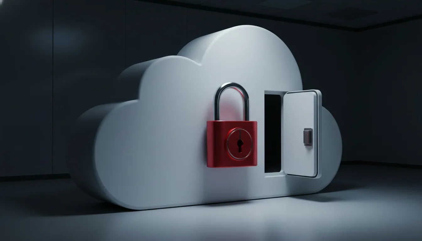 A large vault shaped like a cloud storage icon with a padlock on it and a backdoor wide open