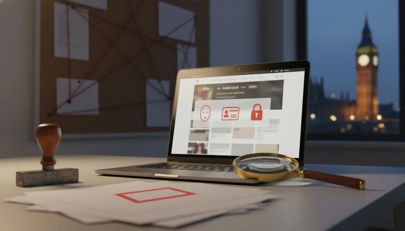 A laptop on a table next to investigation documents is displaying an adult content site which is blocked by an age verification popup
