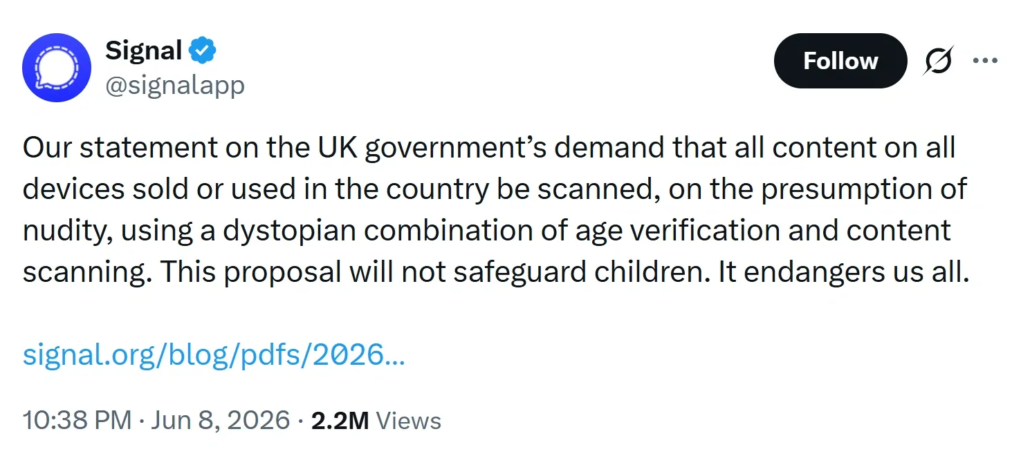 Signal's tweet regarding UK's mandatory nudity scanning on devices