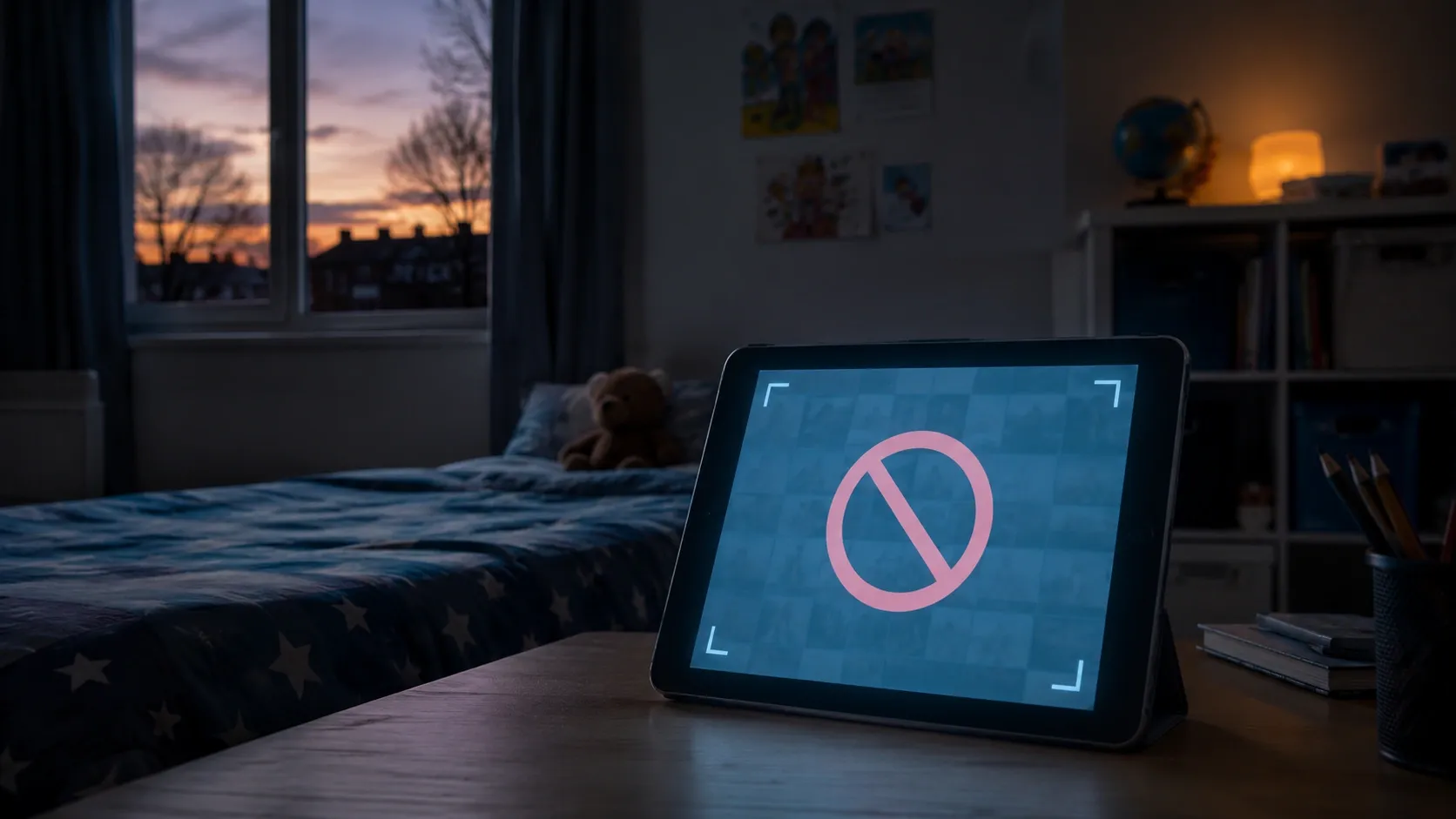 A tablet is standing on a table in a child's room, appearing to be blocking adult content