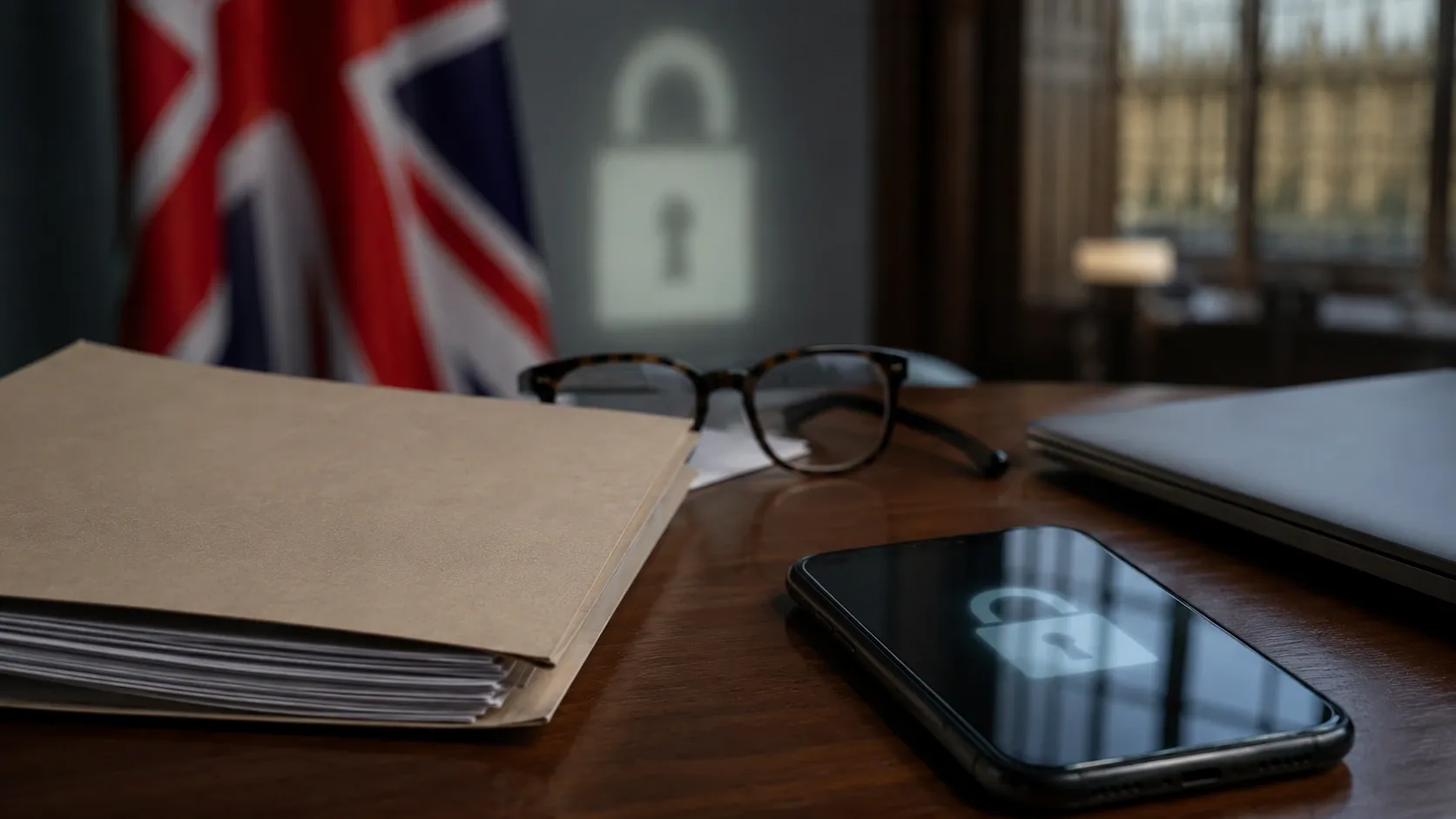 A UK government desk with file binder, glasses and a smartphone on top of it