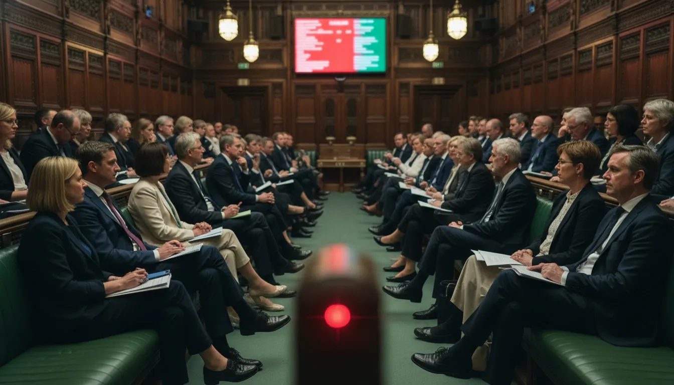 UK parliament members are sitting in the hall, looking at the voting screen which displays the results of a vote on social media ban for teenagers.