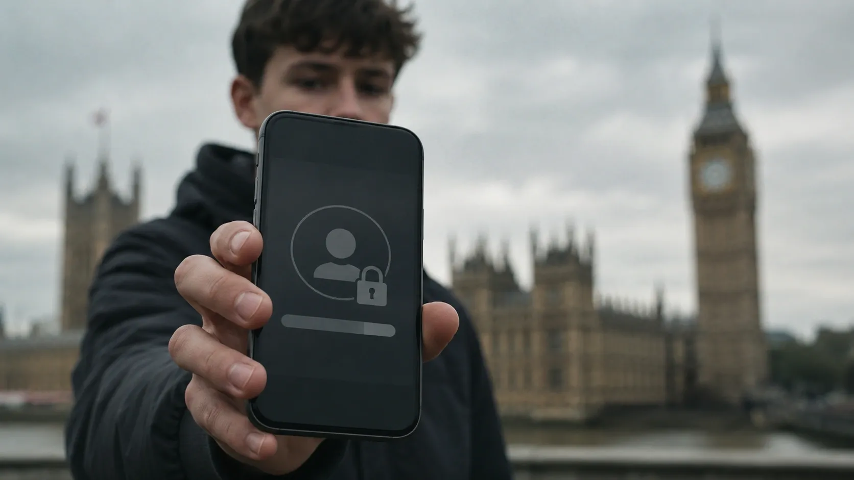A teenager in the UK is holding a phone which is locked out of social media with age verification check