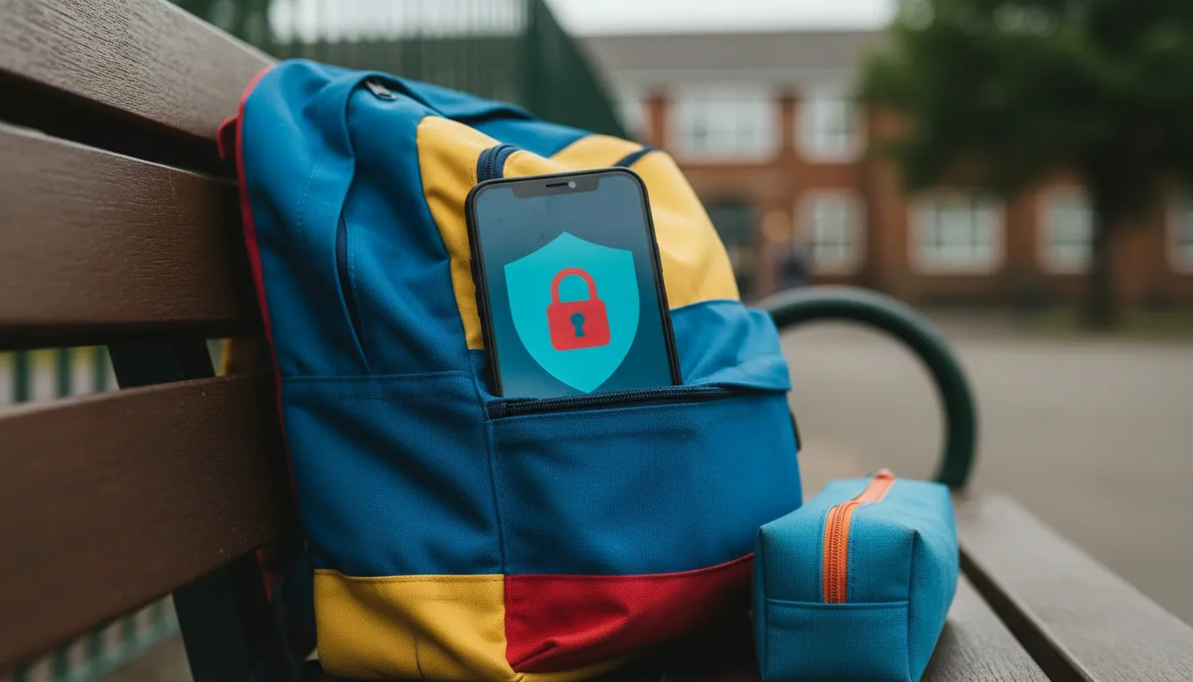 Backpack stands on a bench near a school in UK with a smartphone tucked into one of its pockets, showing a blocked VPN sign.