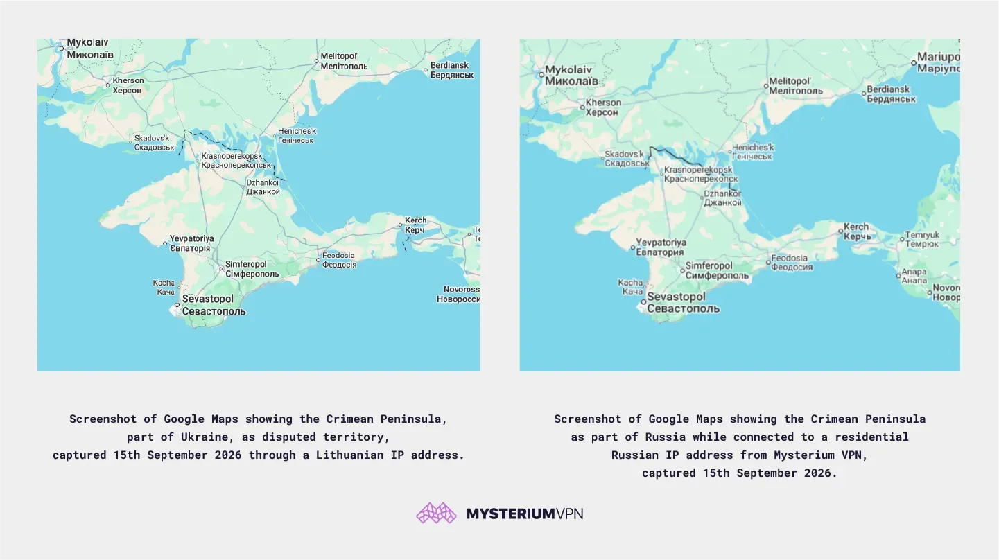 Screenshot of Google Maps showing the Crimean Peninsula as two different territories.