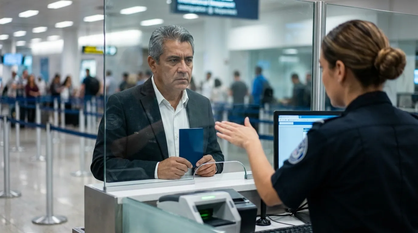 News outlet editor standing in the airport while being denied entry to the US due to revoked visa