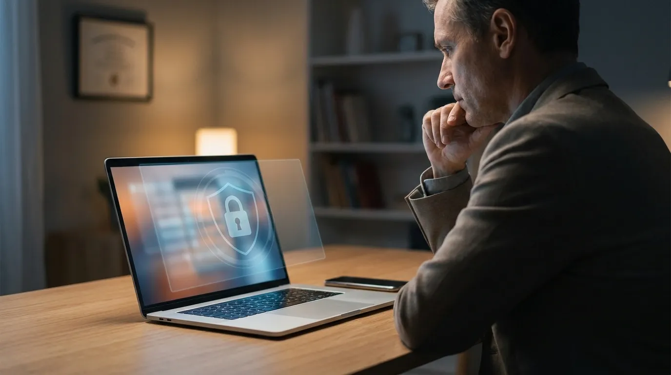 A man in Utah is sitting in front of his laptop unable to connect to the website due to geo-blocking