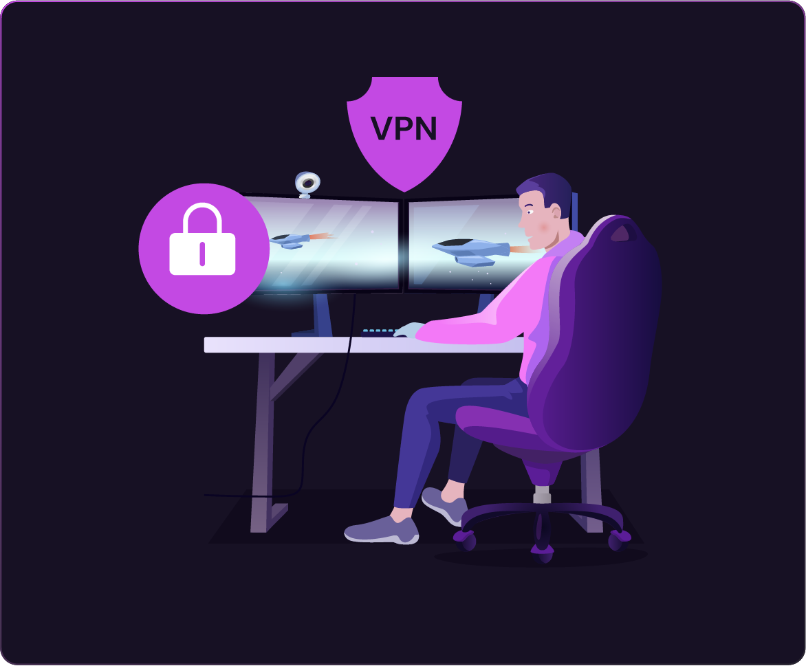 Illustration of a gamer sitting at a dual-monitor setup with a spaceship game on screen, surrounded by VPN and padlock icons, symbolizing secure gaming.
