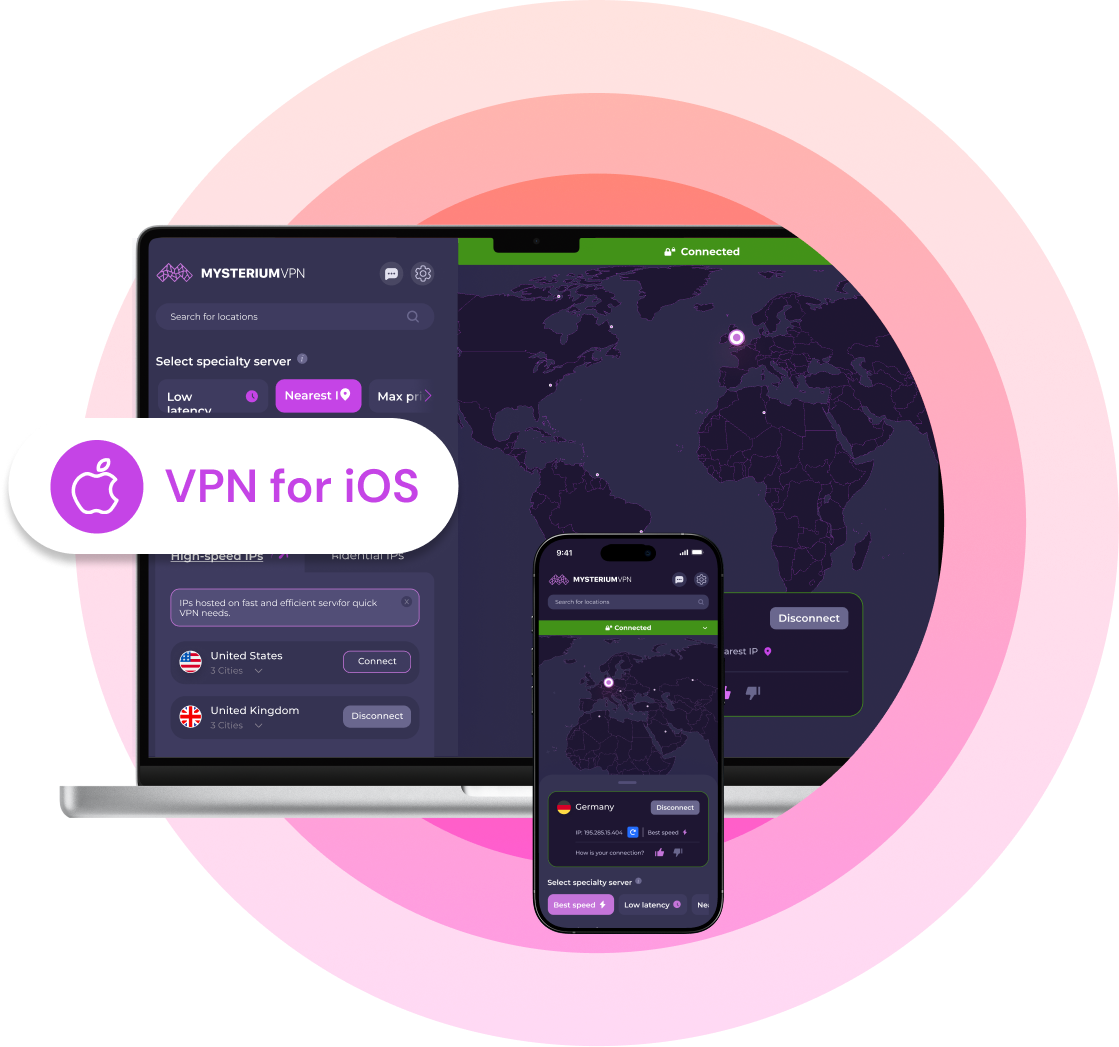 An image of a laptop and a phone with Mysterium VPN launched on them