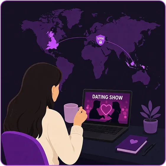 An illustration of a woman watching a dating show on her laptop