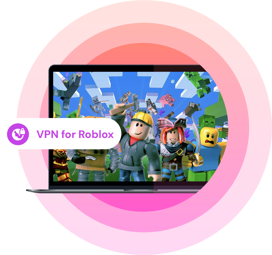 Laptop screen displays Roblox characters in action, with a "VPN for Roblox" label highlighting secure and unrestricted gameplay.