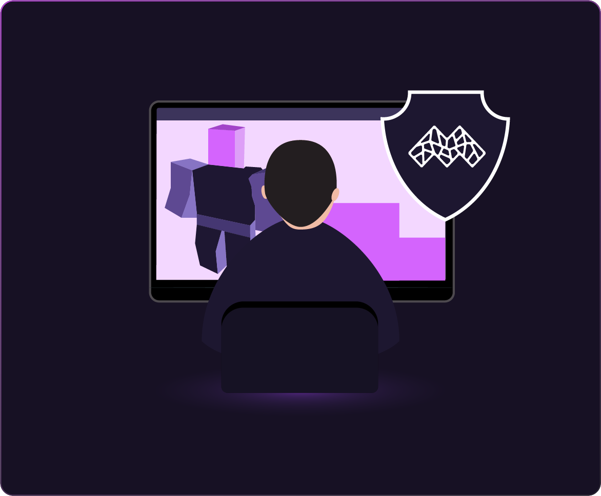 Illustration of a person playing Roblox on a screen, with a security shield icon representing VPN protection.