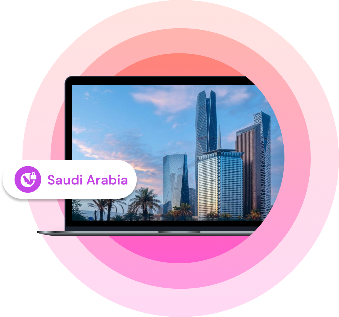An image of a laptop with a view of a Saudi Arabian city on its screen