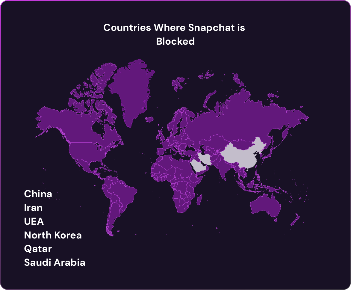 World map highlighting countries where Snapchat is blocked, including China, Iran, UAE, North Korea, Qatar, and Saudi Arabia.