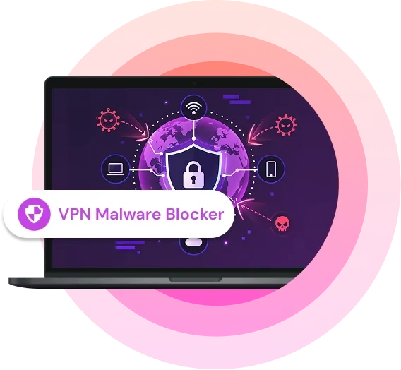 A laptop with an abstract image of a malware blocker on it