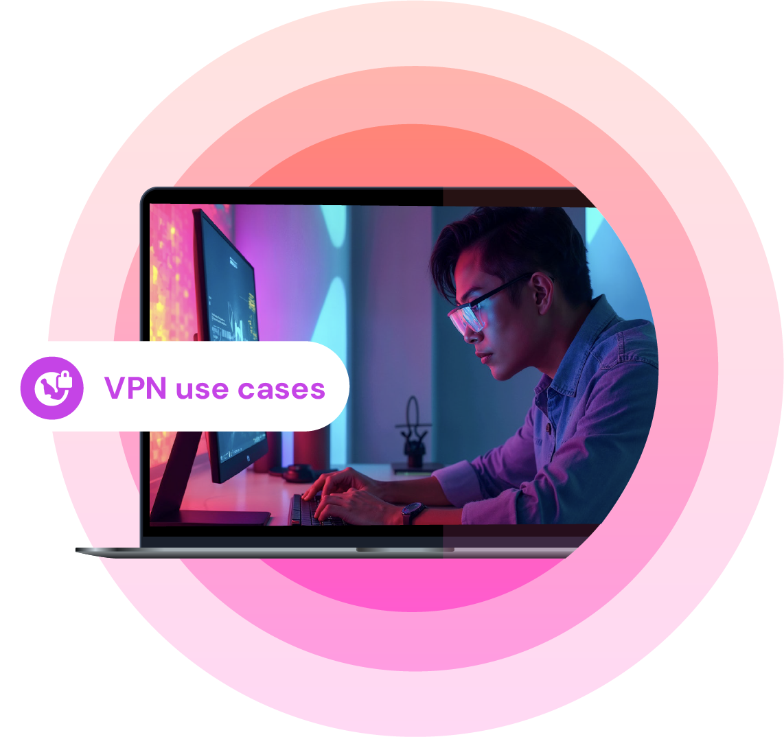 Person on the computer and a label "VPN use cases"