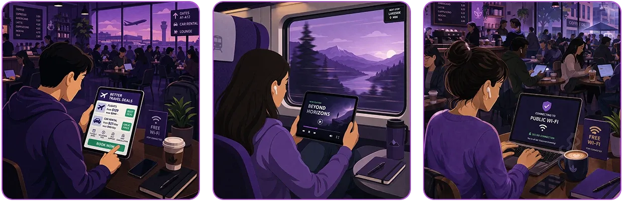 An illustration showing a woman using a VPN when traveling