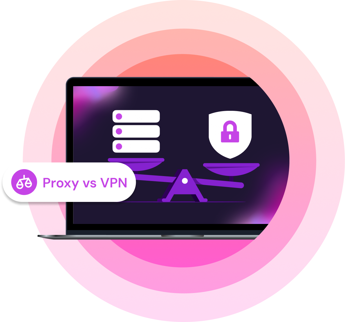 A laptop with an illustration comparing VPN and proxies on the screen