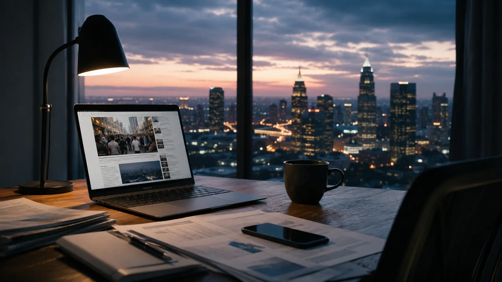 Editor's desk with newspapers on the table and news outlets opened on the laptop