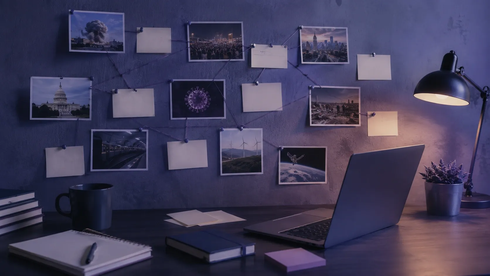 Editor's room with a laptop, notebooks, and papers on the table and pictures with notes hanging on the wall