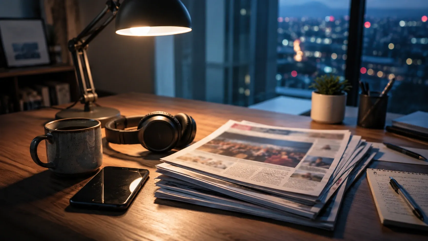An editor's table with newspapers, smartphone, headphones, and a cup on it