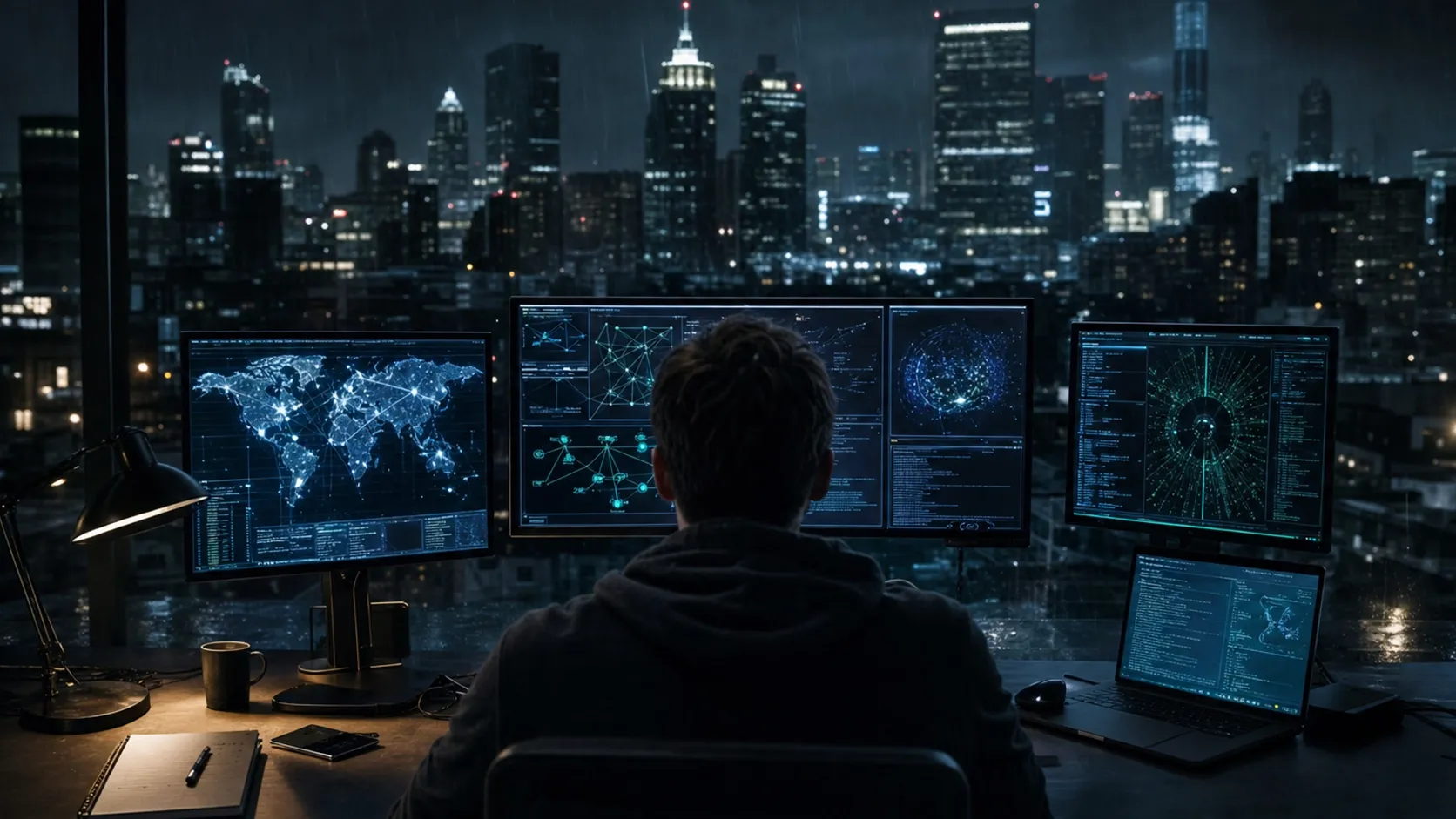 A researcher is sitting at their desk, investigating digital security