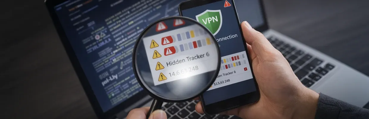 A person is inspecting a free VPN app on their smartphone using a magnifying glass to reveal its dangers