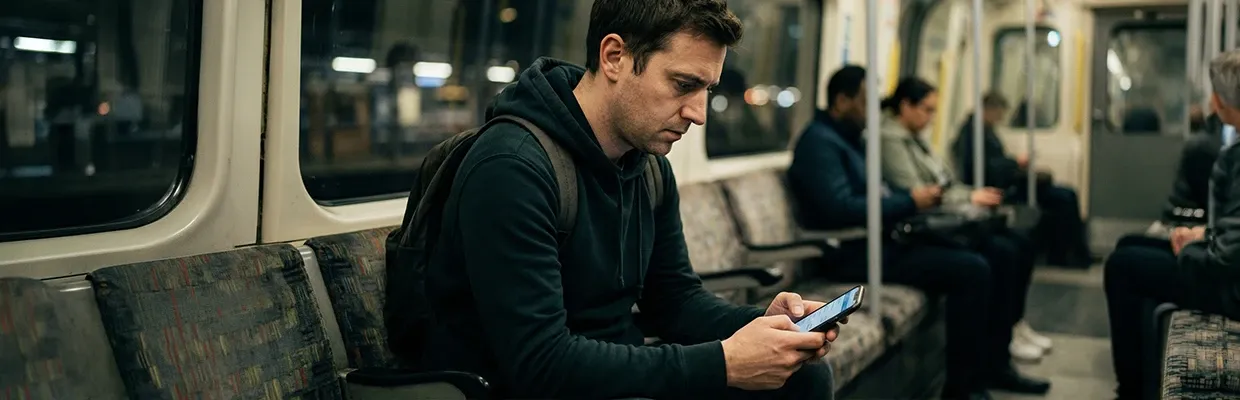 Person on a train is having a deeply personal conversation with AI, unaware of where that data will end up