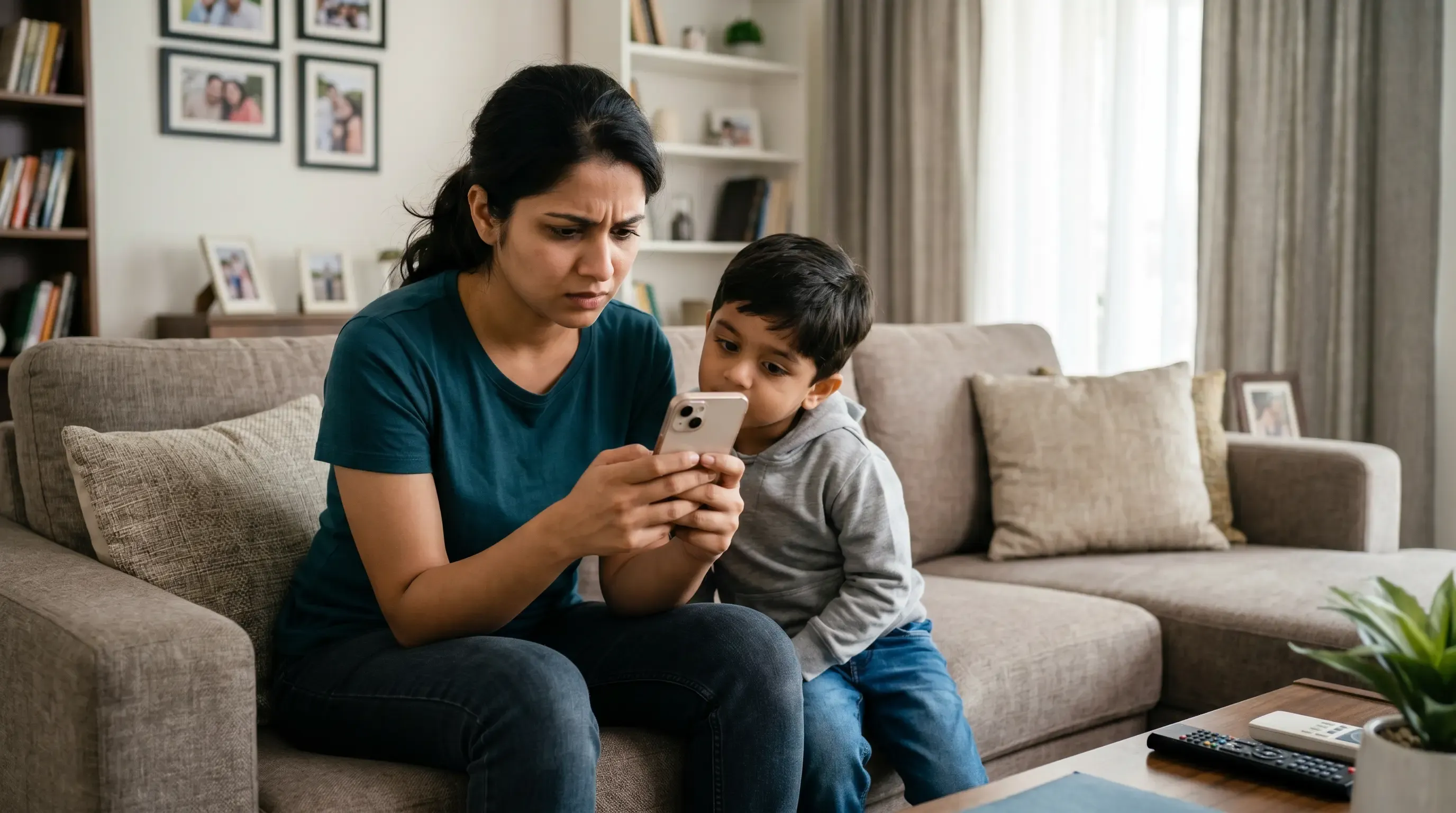 An image of a woman and her son both looking at her phone on their living room sofa