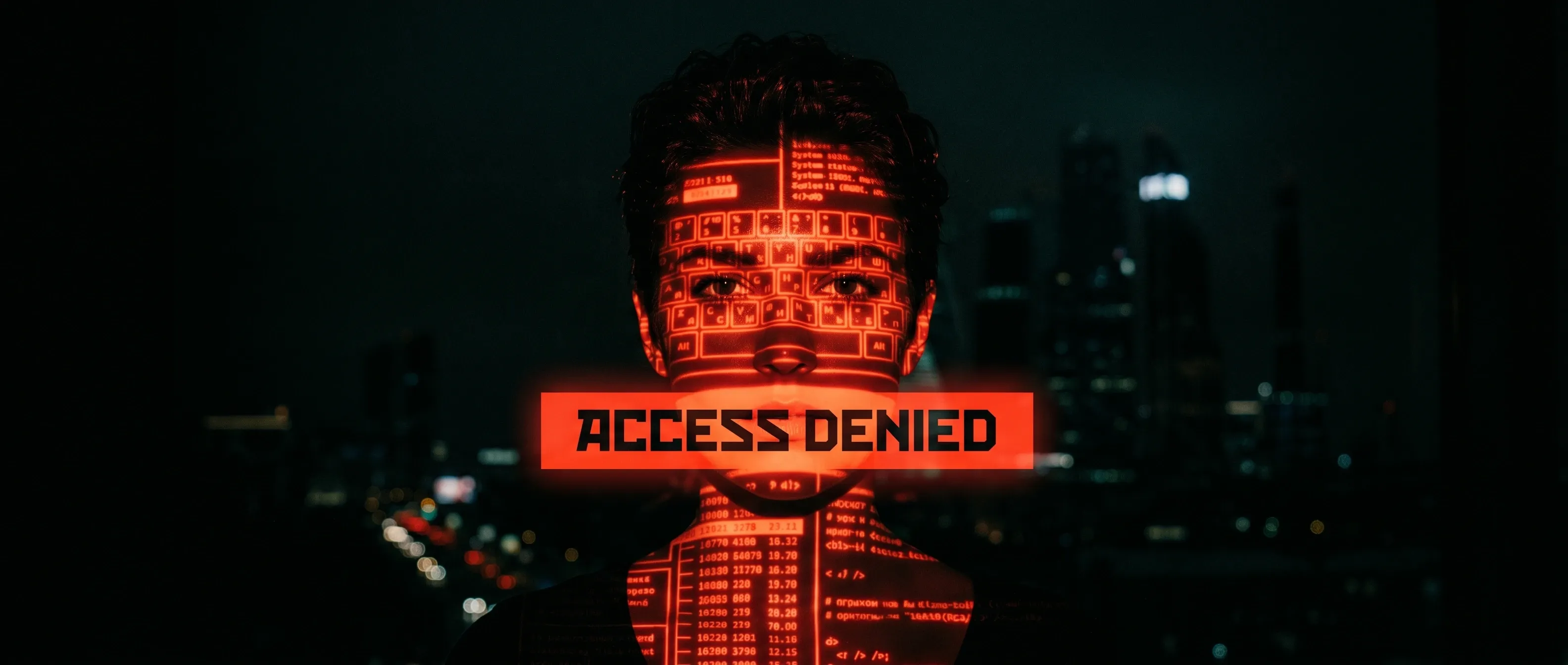 An image of a woman hiding in the shadows with a computer screen reflecting on her face