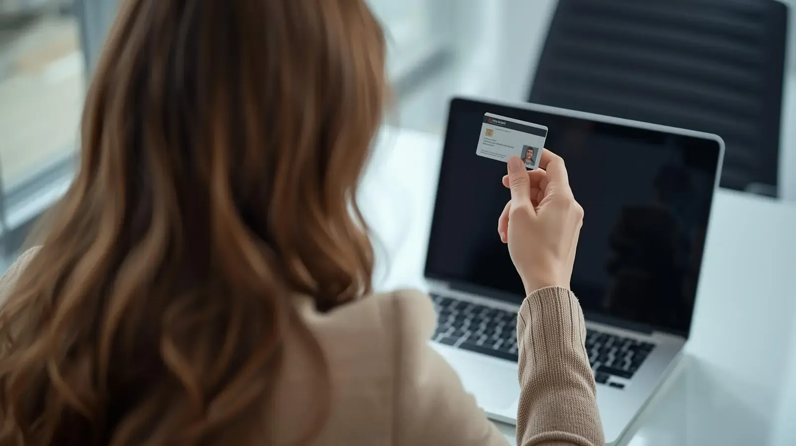 A woman holding up her ID when using a laptop