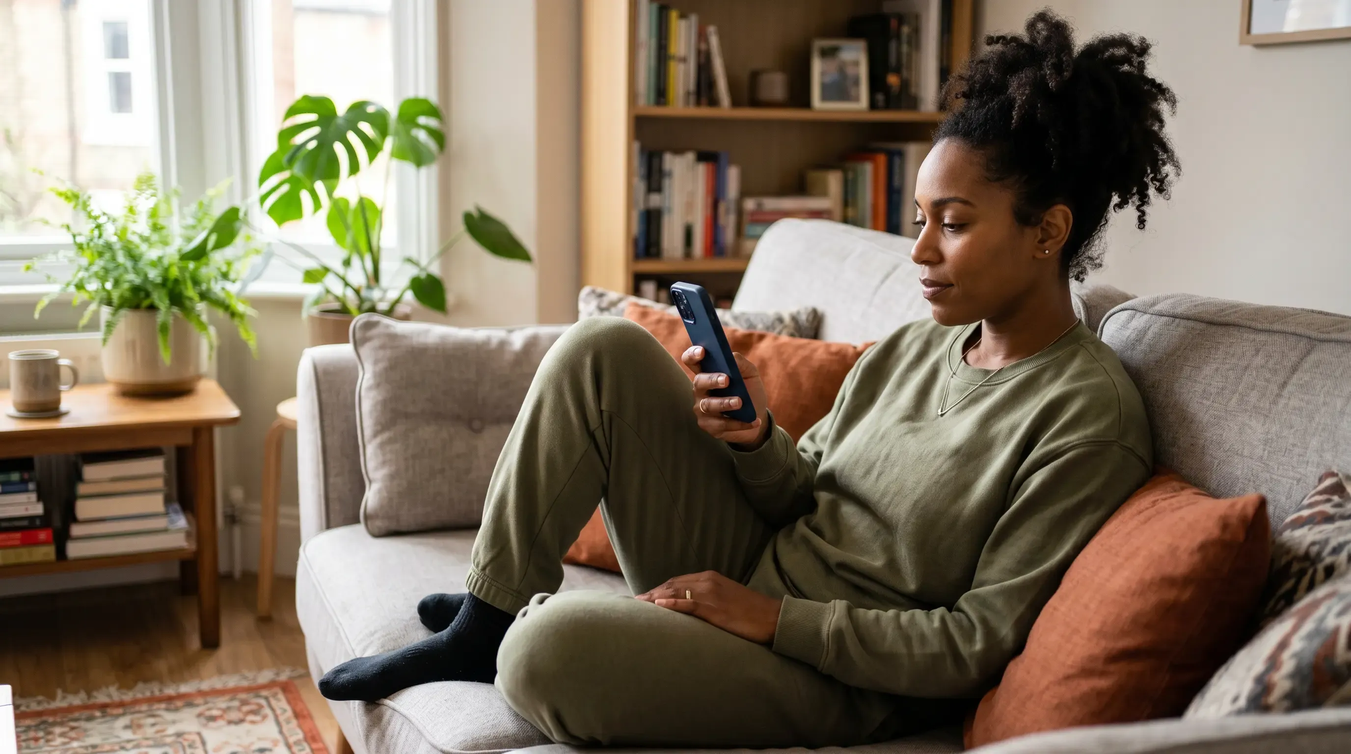 A photo-realistic image of a casually-dressed woman reading news on her phone at home