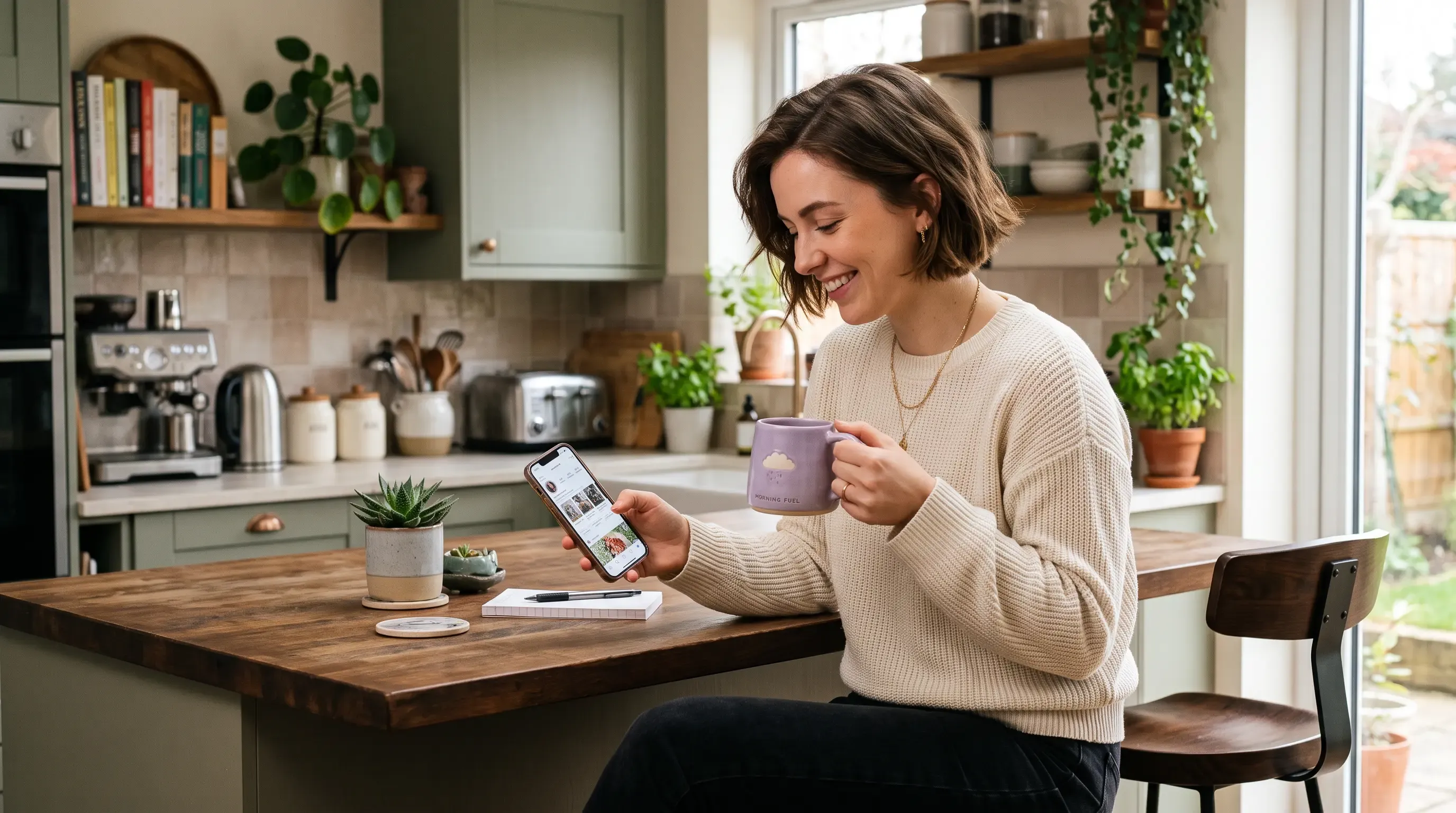 A brunette woman scrolls her phone while drinking coffee in her kitchen