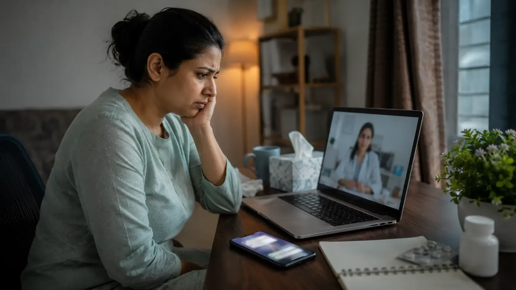 A woman talking to her doctor on a video call
