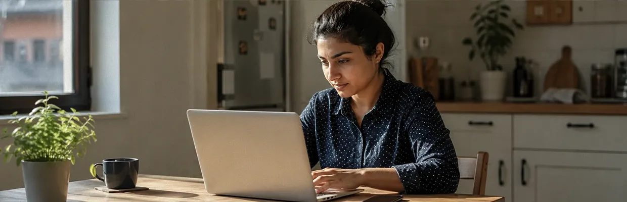 A woman uses her laptop at home