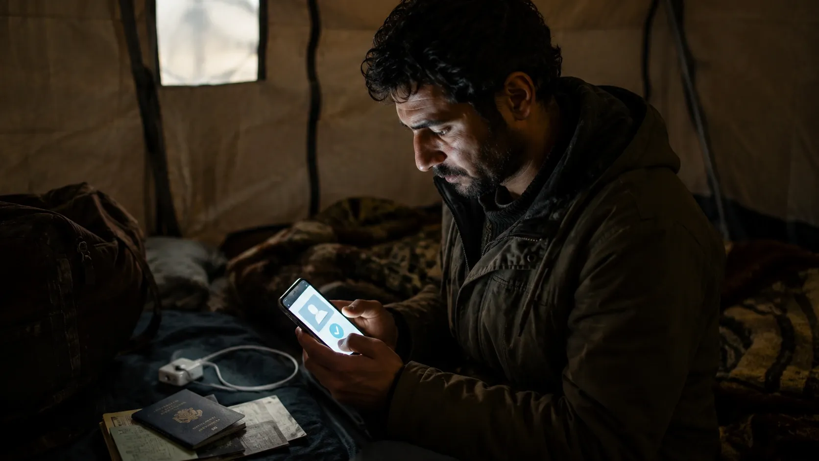 A refugee using his phone in a tent