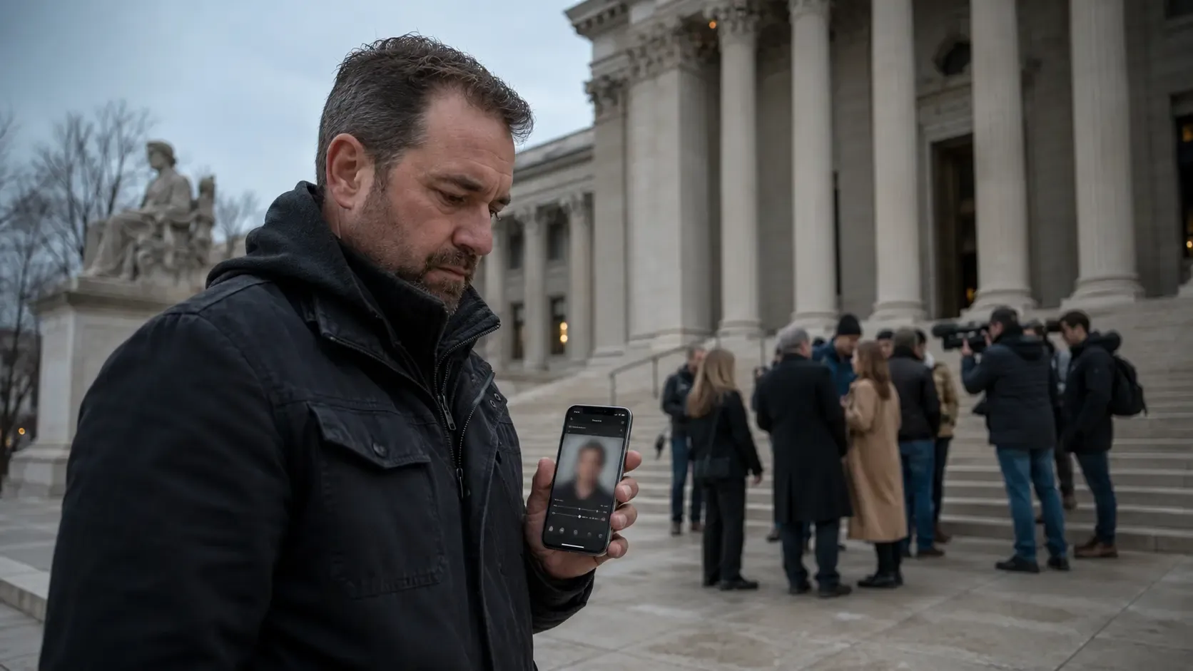 A man standing outside of a court house looking upset