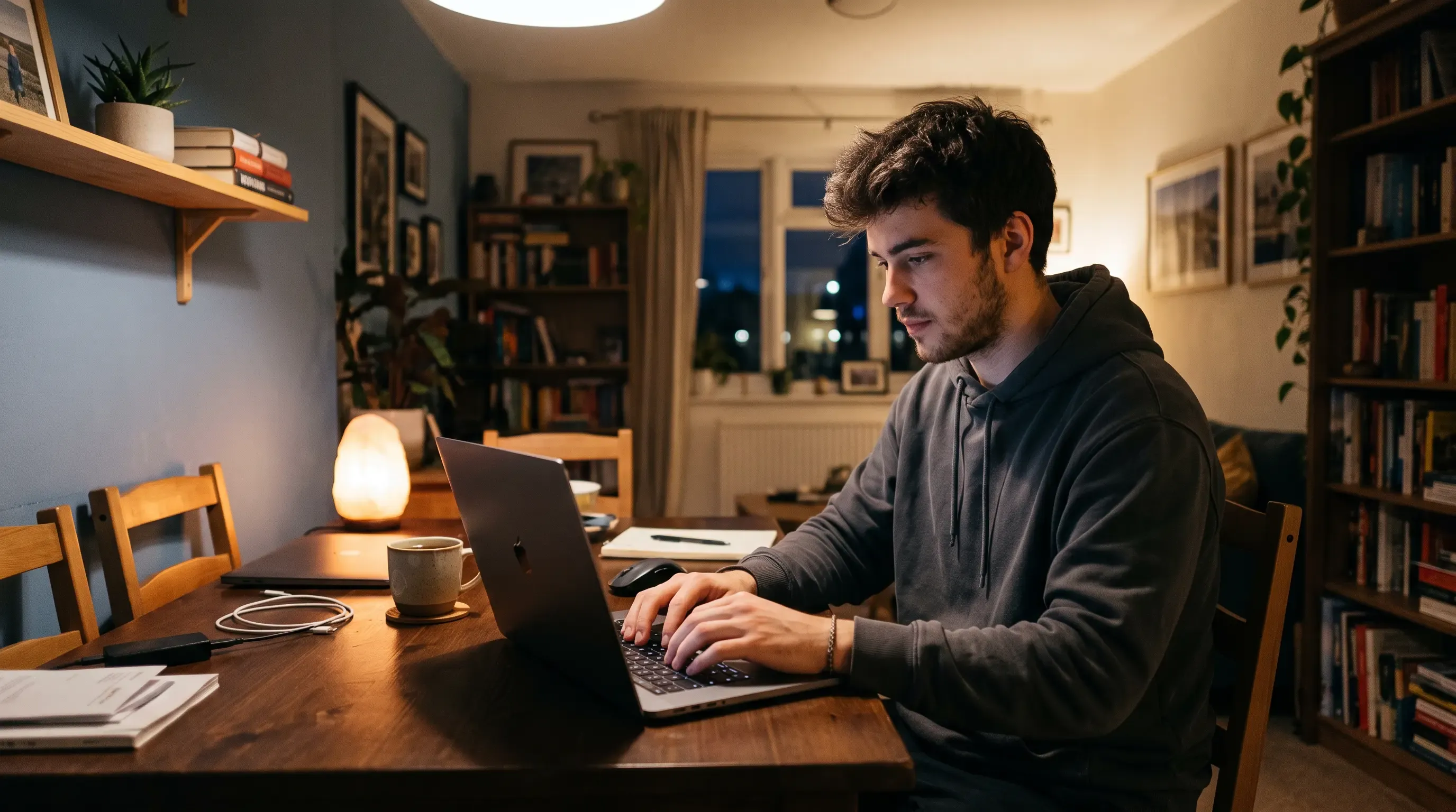 An image of a young man in a hoodie working on his computer at home