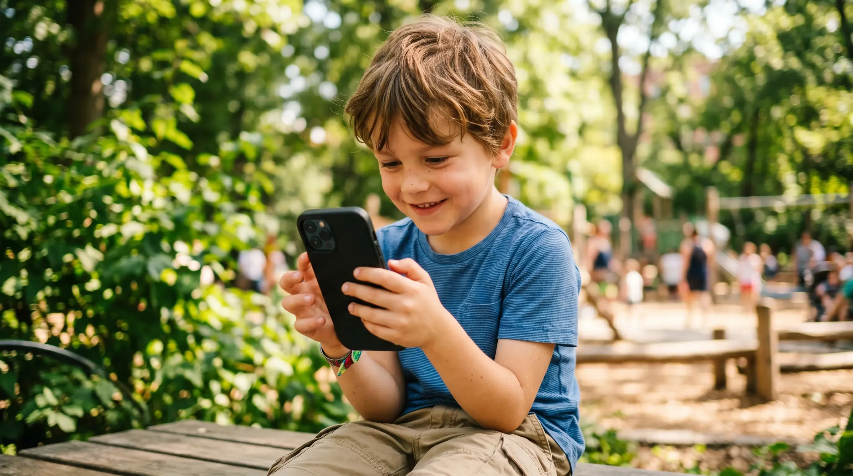 A closeup image of a young boy using his phone outside