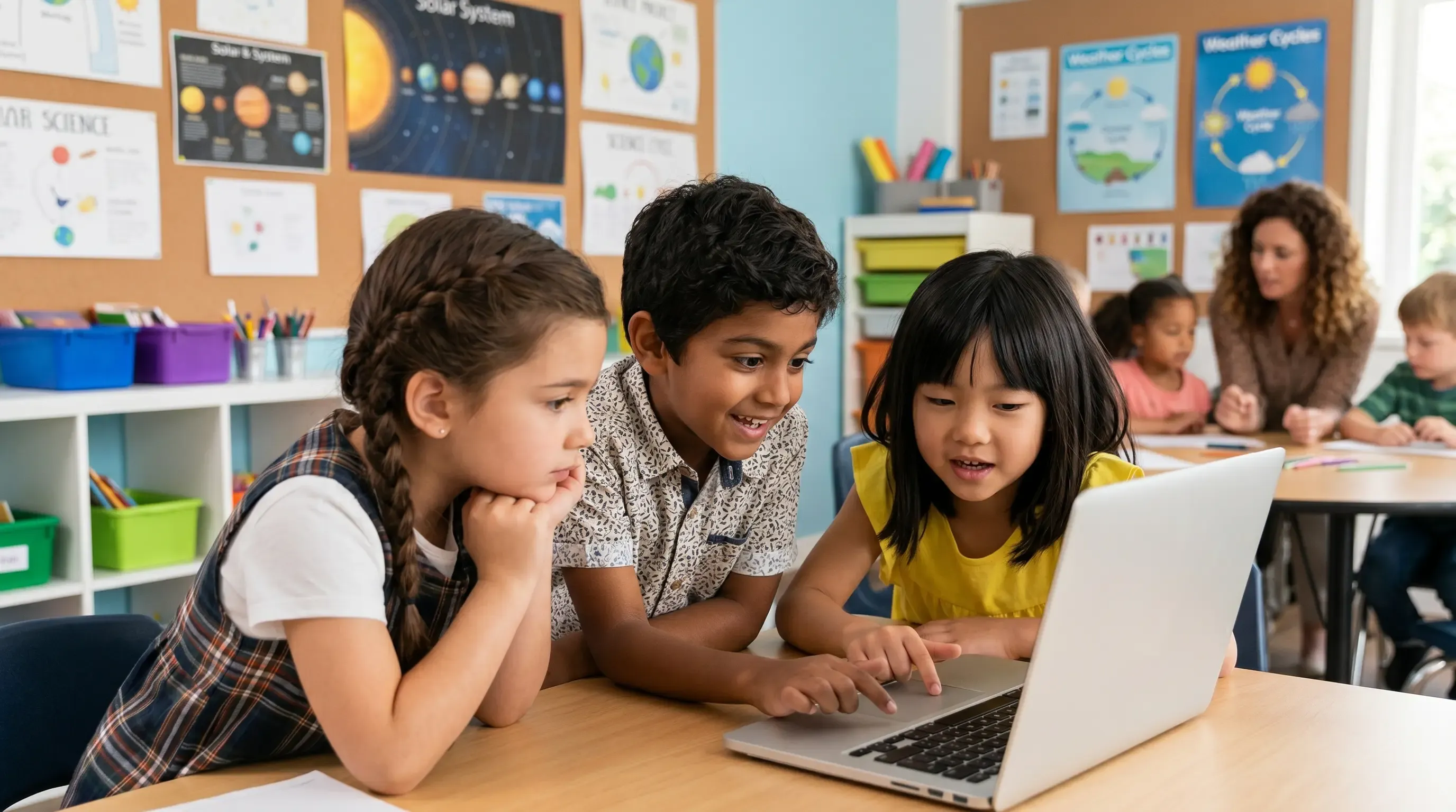An image of three young children using a laptop in a classroom