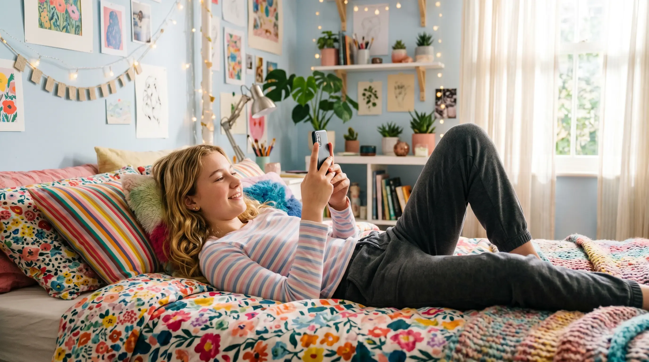 An image of a teenage girl using her phone in her colorful bedroom