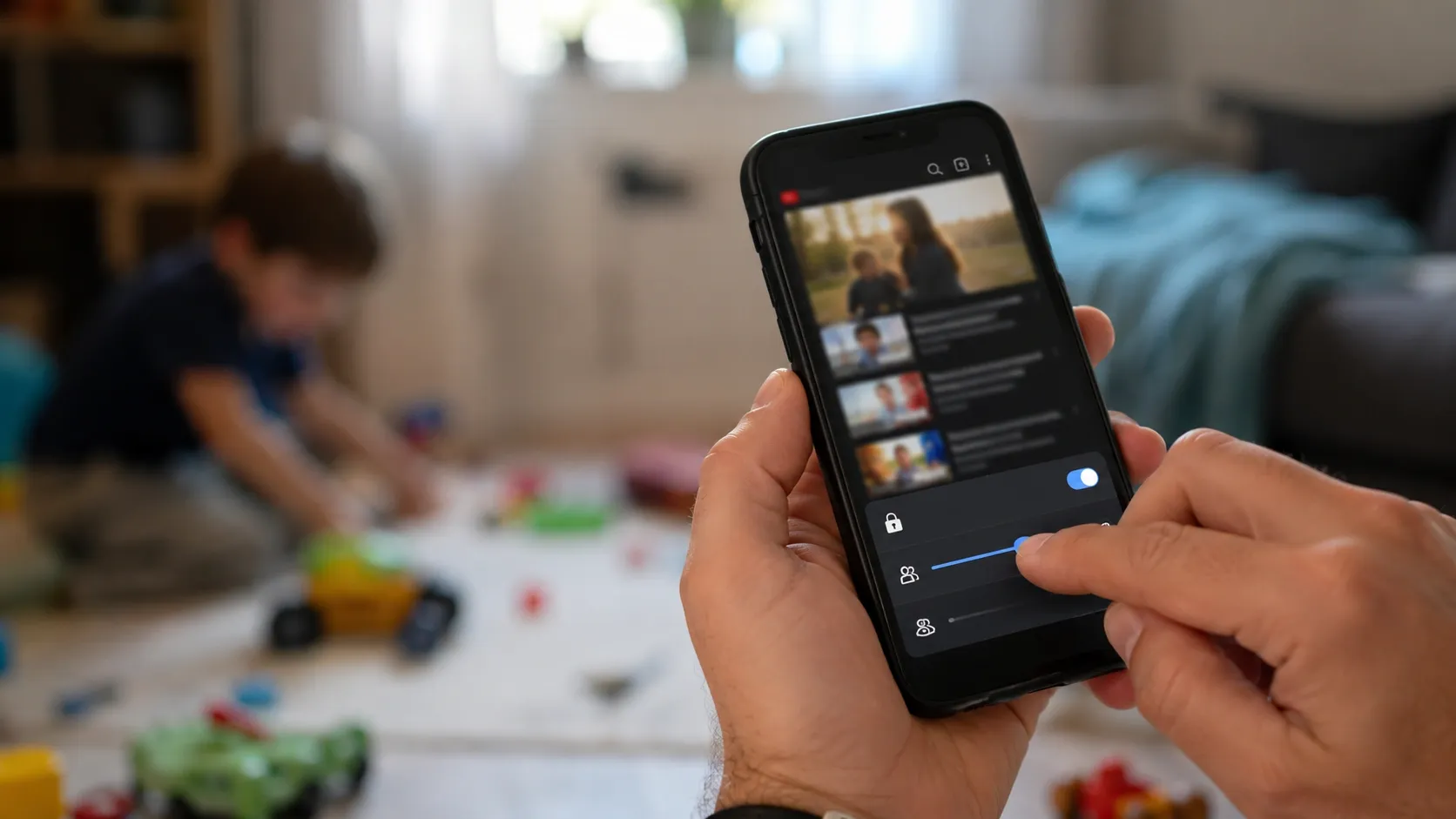 A person is scrolling video social media app while a child plays in the background
