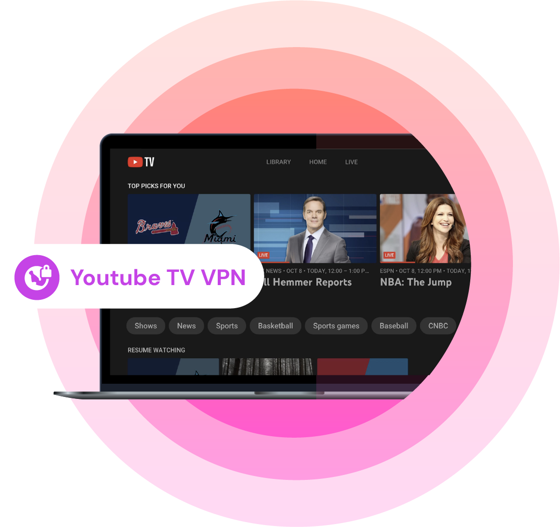 Laptop screen displaying the YouTube TV interface with live shows and sports content, overlaid with a label that reads “Youtube TV VPN” and a shield icon, set against a pink gradient background.